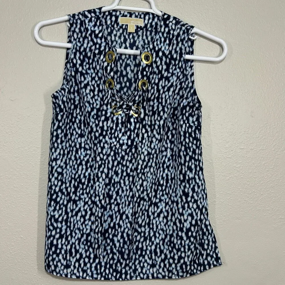 Michael Kors Top Womens S Lace Up Grommet V Neck Sleeveless Blue Abstract Print
